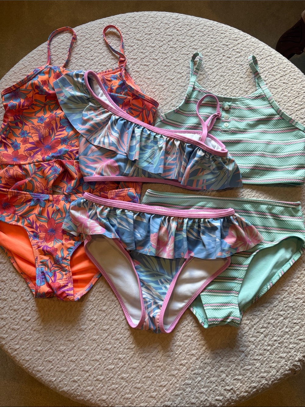 Girls Floral & Stripe Mix Swim Set of 3- Pink, Blue, Orange, Mint